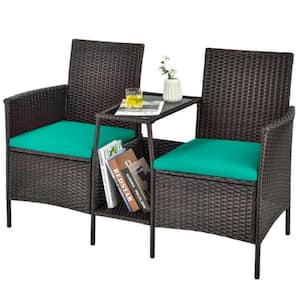 1-Piece Rattan Wicker Patio Conversation Set Sofa with Turquoise Cushions and Loveseat Glass Table