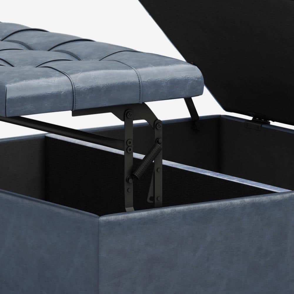Denim Blue Faux Leather Tufted Cocktail Storage Ottoman, 36 Inch