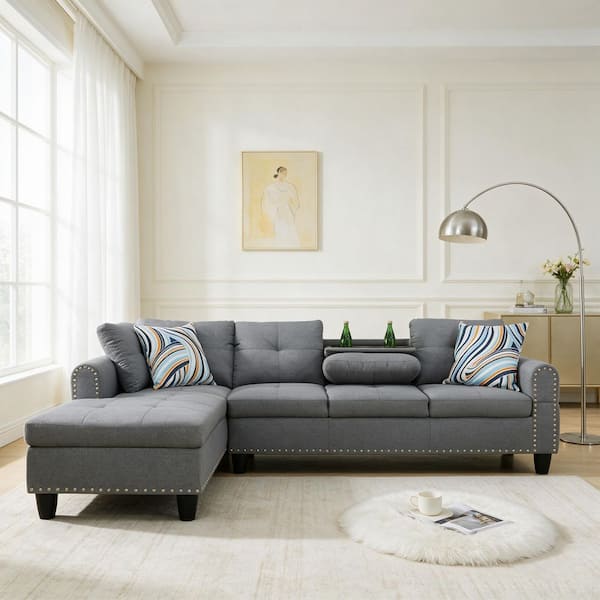 Seafuloy 97 in. Square Arm Linen L-Shaped Sofa with 2 Cup Holder
