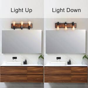 Modern Industrial Matte Black Bathroom Pipe Vanity Light Rustic 3-Light Wall Sconce with Rectangle Solid Wood Backplate
