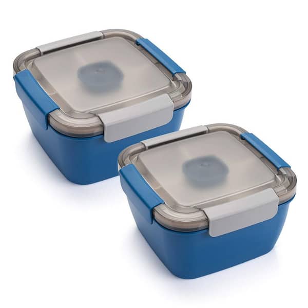 52 fl. oz. Blue Plastic 3 Compartment Portable Salad Lunch To Go Bowl for Outdoor Picnic Daily Meal Prep (Set of 2)