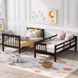 Espresso Twin Bunk Bed with Stairway, Wood Bunk Beds with Book Shelf and Guard Rail, Wood Kids Bunk Bed Frame