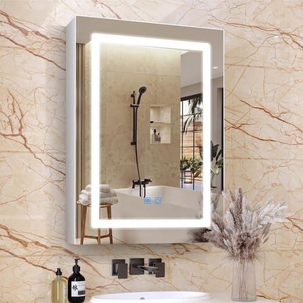 19.7 in. W x 27.6 in. H Rectangular Bathroom White Medicine Cabinet with Mirror Doors, Storage Shelf, Surface Mount