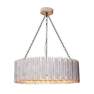 Modern Farmhouse 3-Light Distressed White Wood Drum Chandelier for Kitchen Dining Room