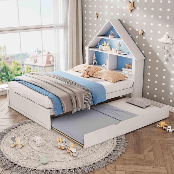 White/Blue Wood Frame Full Size Platform Bed with Bookcase Headboard and Led Light and Twin Size Trundle