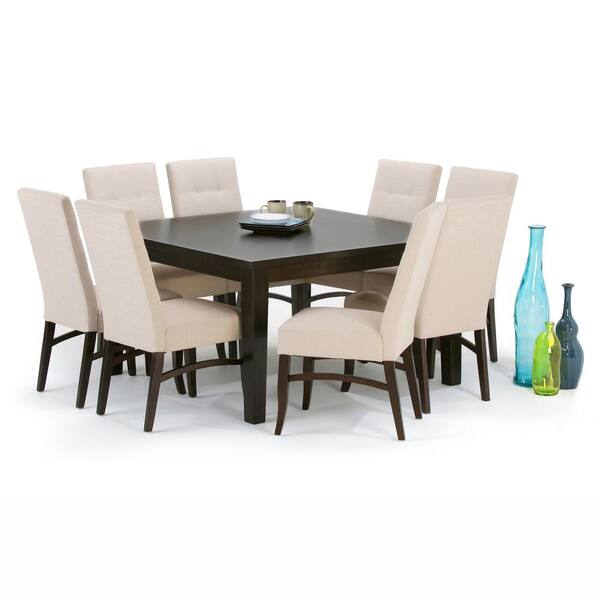 Simpli Home Ezra 9-Piece Dining Set with 8 Upholstered Dining Chairs in Natural Linen Look Fabric and 54 in. Wide Table