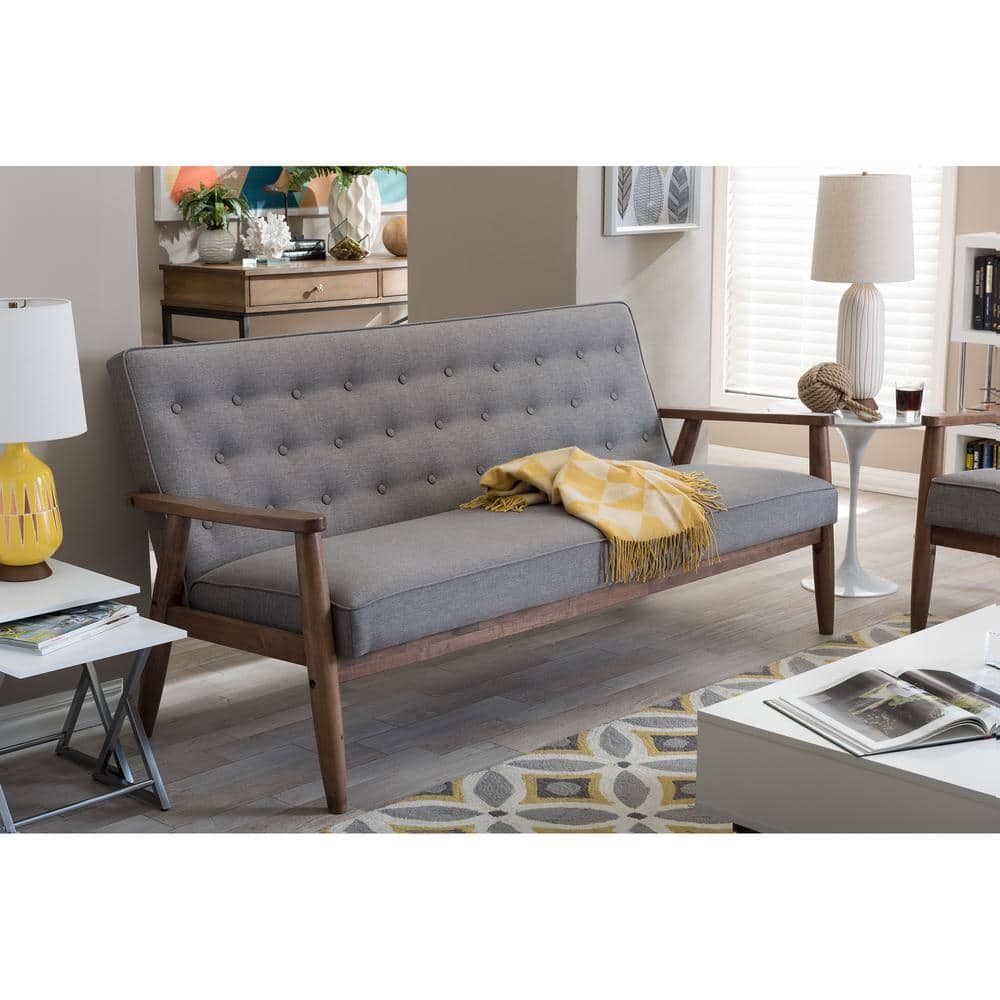 Sorrento Mid-Century Modern Grey Faux Leather 3-Seater Sofa