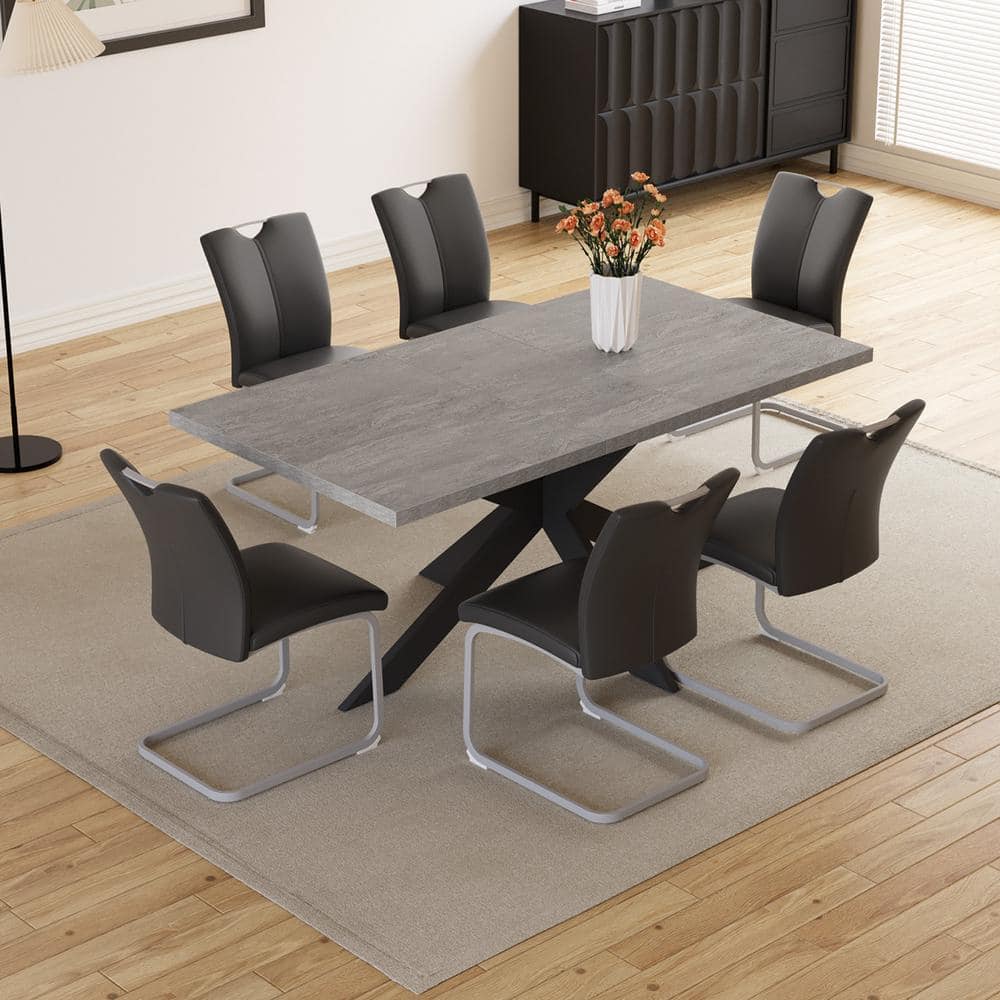 Modern 7-Piece Extendable Rectangle Gray MDF Top Dining Room Set Seating 4-6 People 66.9 in. w/ 6-Black U-Shaped Chairs -  GOJANE, PP036895LWYEAA