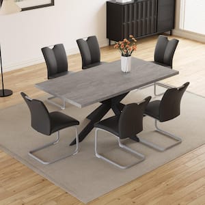 Modern 7-Piece Extendable Rectangle Gray MDF Top Dining Room Set Seating 4-6 People 66.9 in. w/ 6-Black U-Shaped Chairs