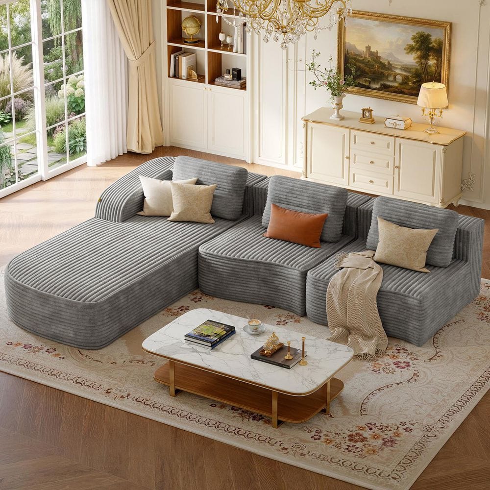 111.8 in. Wide Modern Wave Curved Striped Fabric L-Shape Modular Sectional Sofa in. Silver Gray with Left-Facing Chaise