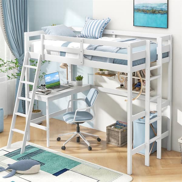 売れ筋・人気アイテム 商品 White Costway Twin Built-in and Angled w/Desk Frame Bed Loft 額縁