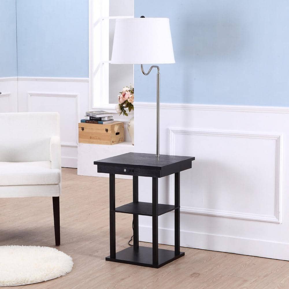 Madison Mid-Century Modern Black Wood & Metal LED Side Table with USB Port
