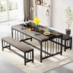 Alan 3-Piece Gray Wood Dining Table Set with Bench Seats 4-6