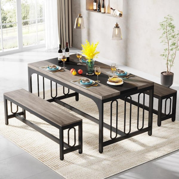 TRIBESIGNS WAY TO ORIGIN Alan 3-Piece Gray Wood Dining Table Set with Bench Seats 4-6