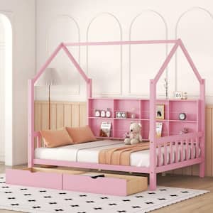 Pink Full Size Wooden House Bed with 2-Drawers and Storage Shelf