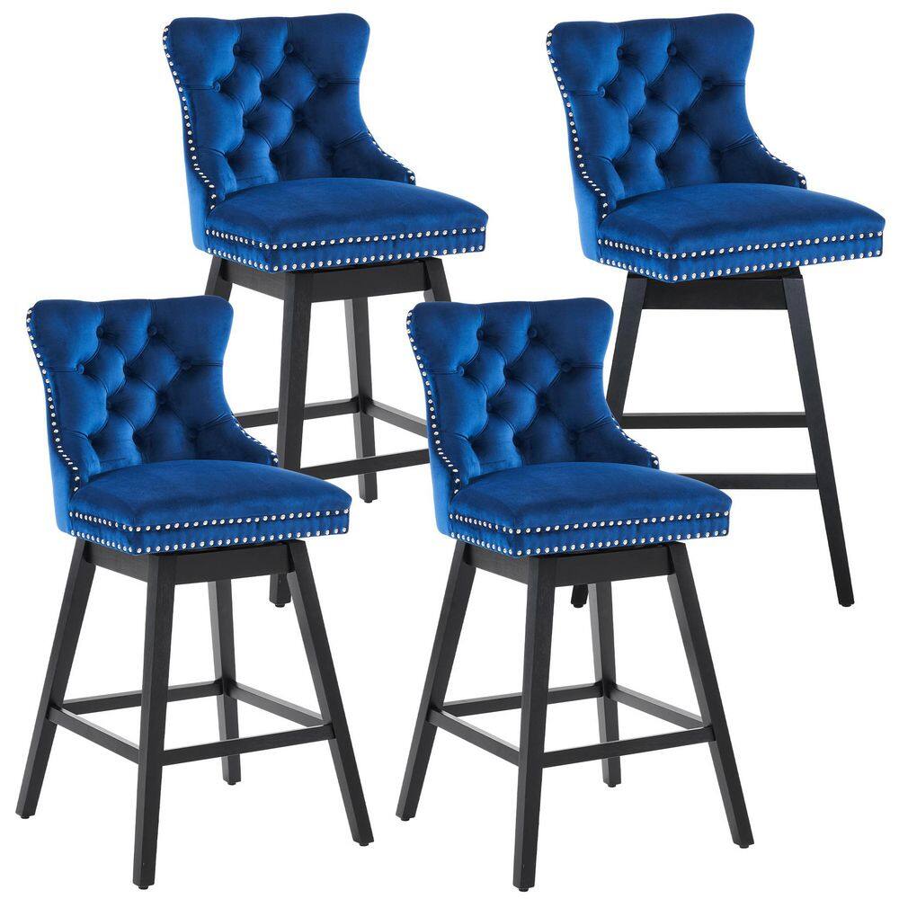 Blue Velvet Upholstered Swivel Counter Height Stools with Black Wood Legs, Set of 4