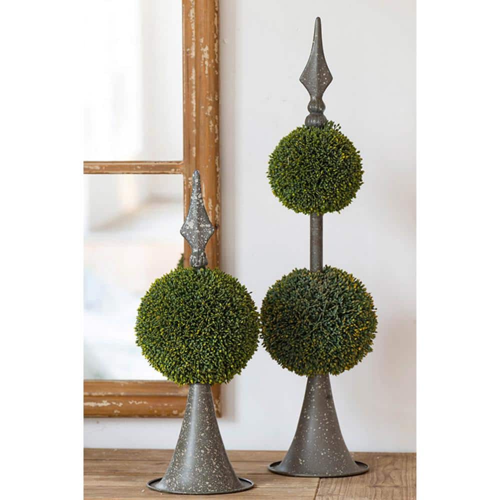 Antique Bronze and Green Faux Boxwood Double Sphere Topiary
