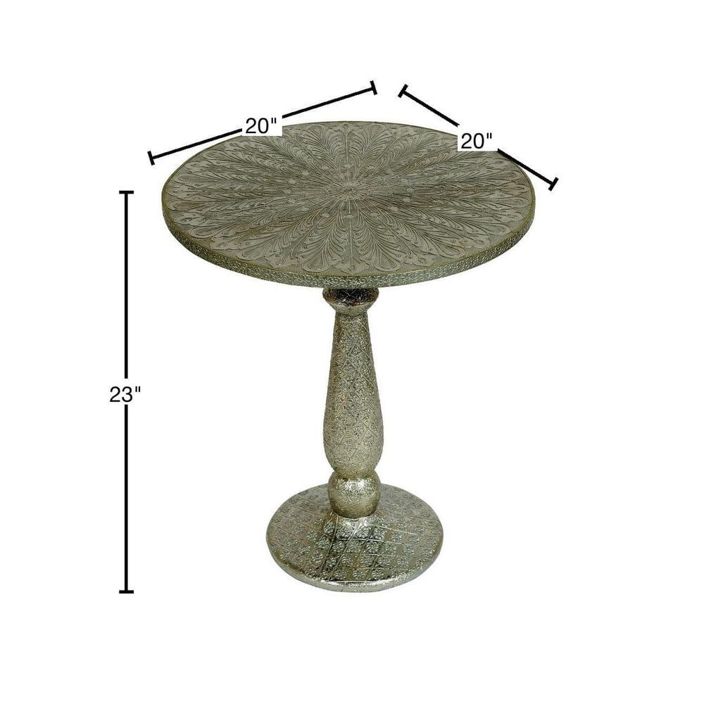 Silver Round Metal End Table with Floral Engravings