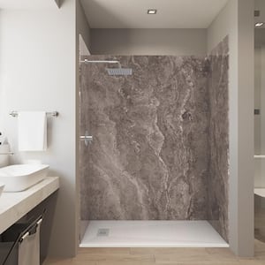 Tundra Brown 32 in. x 60 in. x 84 in. Solid Composite Stone Alcove Shower Kit with Walls and White Pan Base L/R Drain