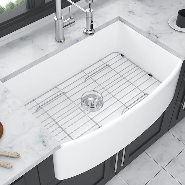 30 in. Farmhouse Single Bowl White Ceramic Kitchen Sink with Bottom Grids