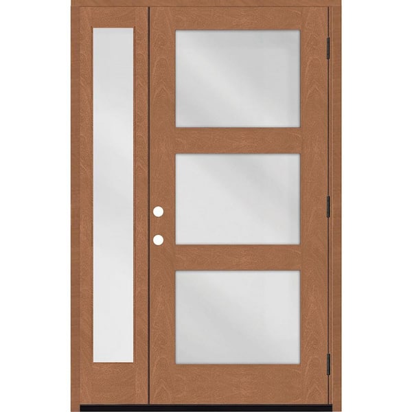 Steves & Sons Regency 53 in. x 80 in. Modern 3-Lite Equal Clear Glass LHOS Autumn Mahogany Fiberglass Prehung Front Door 14 in. SL