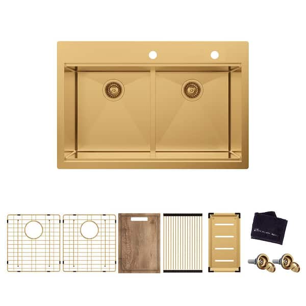 Glacier Bay 33 in. Drop-In Double Bowl 18-Gauge Gold Stainless Steel Workstation Kitchen Sink with Accessories