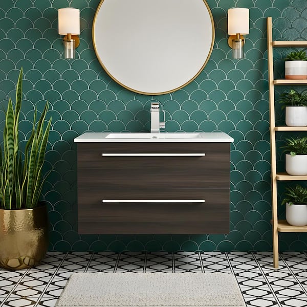 Silhouette 30 in. W x 18 in. D x 20in. H S/Sink Wall Bath Vanity in Zambukka with White Cultured Marble Top in White