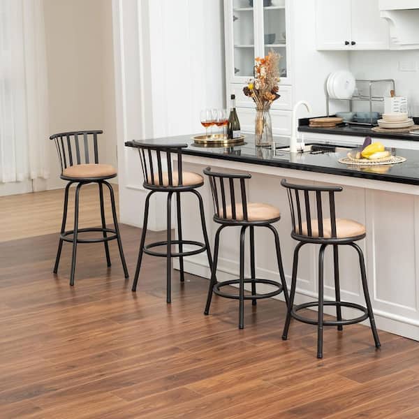 Farma 24/29 in. Adjustable Height Brown Cushioned Bar Stool Slat Back, Swivel for Counter and Bar Height, (Set of 4)