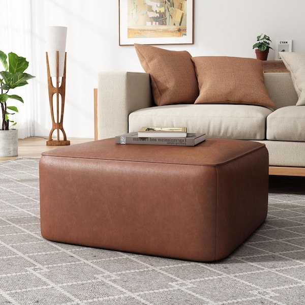 Light Brown 30 in. Square PU Leather Modern Ottoman