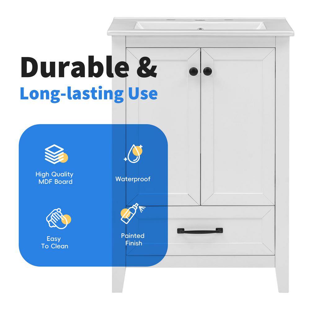 24" White Freestanding Bathroom Vanity with Ceramic Top and Drawer