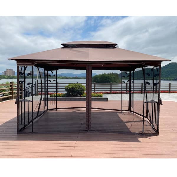 13 ft. x 10 ft. Brown Metal Frame Leaf Flower Screen Patio Canopy with Ventilated Double Roof and Mosquito Net