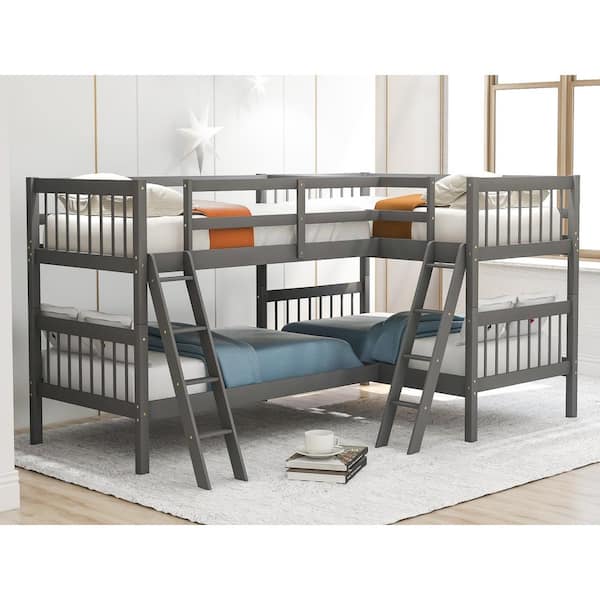Polibi Modern L-Shaped Twin over Twin Bunk Bed with Ladder,Gray