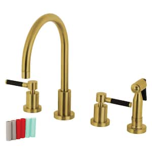 Kaiser 2-Handle Deck Mount Widespread Kitchen Faucets with Brass Sprayer in Brushed Brass
