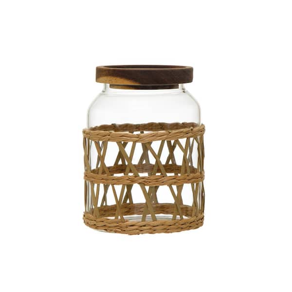 BOROSILICATE GLASS AND WOOD STORAGE JAR - Light beige