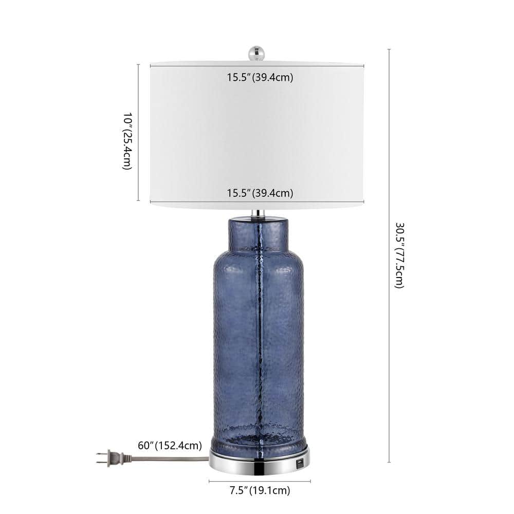 Blue Glass Table Lamp Set with Silver Base and USB Port