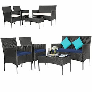 4-Piece PE Rattan Wicker Patio Conversation Set with Tempered Glass Coffee Table and Navy & Off White Cushion