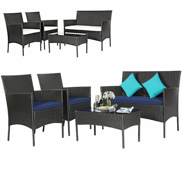 ANGELES HOME 4-Piece PE Rattan Wicker Patio Conversation Set with Tempered Glass Coffee Table and Navy & Off White Cushion