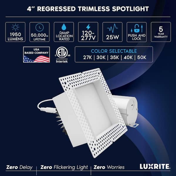 4 in. Integrated LED Square Regressed Trimless Spotlight, Push N’ Lock, 5CCT, 25W, 1950LM, Dimmable, CRI90, 120-277V