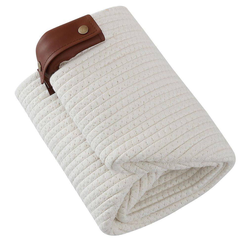 Cream Cotton Woven Round Storage Basket with Leather Handles