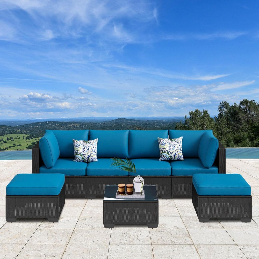 7-Piece Black Wicker Outdoor Sofa Sectional Set Conversation Sets with Peacock Blue Cushions and Footstool price history on PriceWatchPro