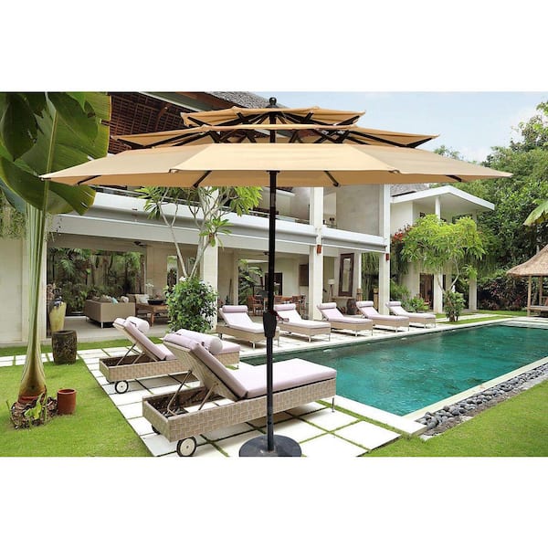 Cesicia 3-Tier 9 ft. Metal Tilt Patio Market Umbrella in Tan with Crank and Wind Vents