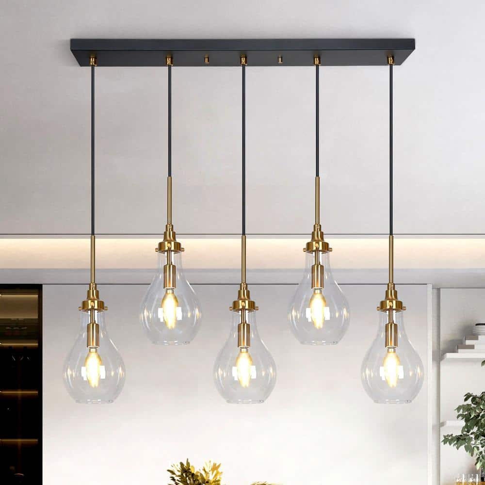 Transitional Kitchen Island Teardrop Chandelier 5-Light Black and Brass Dining Room Chandelier with Clear Glass Shades -  Uolfin, Z6BAV3UO68P568