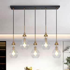 Transitional Kitchen Island Teardrop Chandelier 5-Light Black and Brass Dining Room Chandelier with Clear Glass Shades