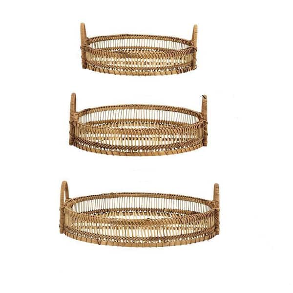 Household Supplies Set of 3 Decorative Bamboo Woven Trays in Brown