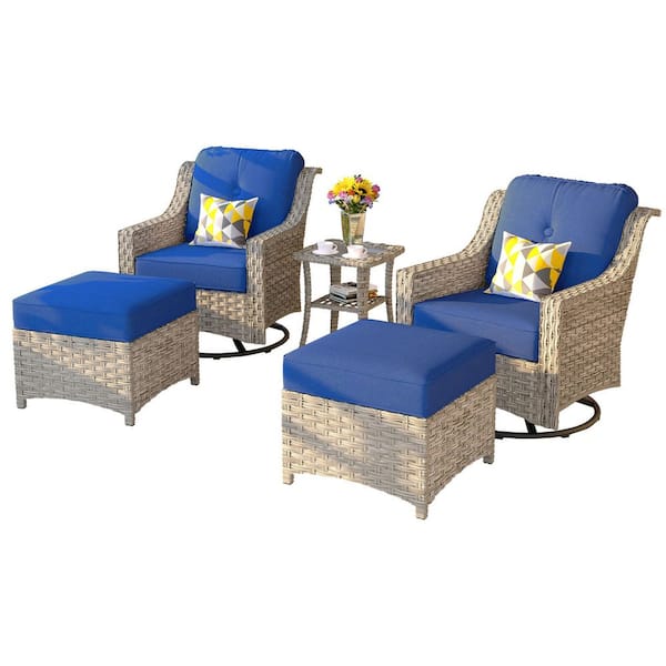 Eureka Grey 5-Piece Modern Wicker Outdoor Patio Conversation Swivel Rocking Chair Seating Set with Navy Blue Cushions
