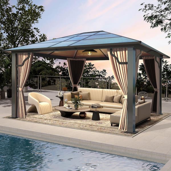 COVERONICS 10 ft. x 12 ft. Patio Hardtop Gazebo Polycarbonate Roof Aluminum Frame Gazebos with Netting & Curtains