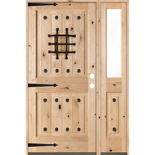 Krosswood Doors 44 in. x 80 in. Mediterranean Alder Sq Clear Low-E Unfinished Wood Left-Hand Prehung Front Door with Right Half Sidelite