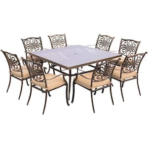 Traditions 9-Piece Aluminum Outdoor Dining Set with Square Glass-Top Table with Natural Oat Cushions