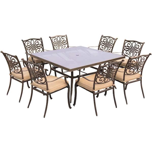 Hanover Traditions 9-Piece Aluminum Outdoor Dining Set with Square Glass-Top Table with Natural Oat Cushions