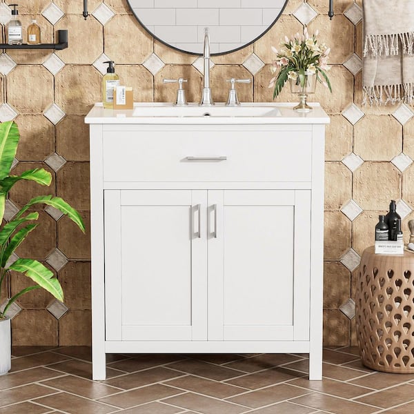 30 in. W Single Sink Freestanding White Solid Wood Frame Bath Vanity with White Ceramic Top, Unassembled